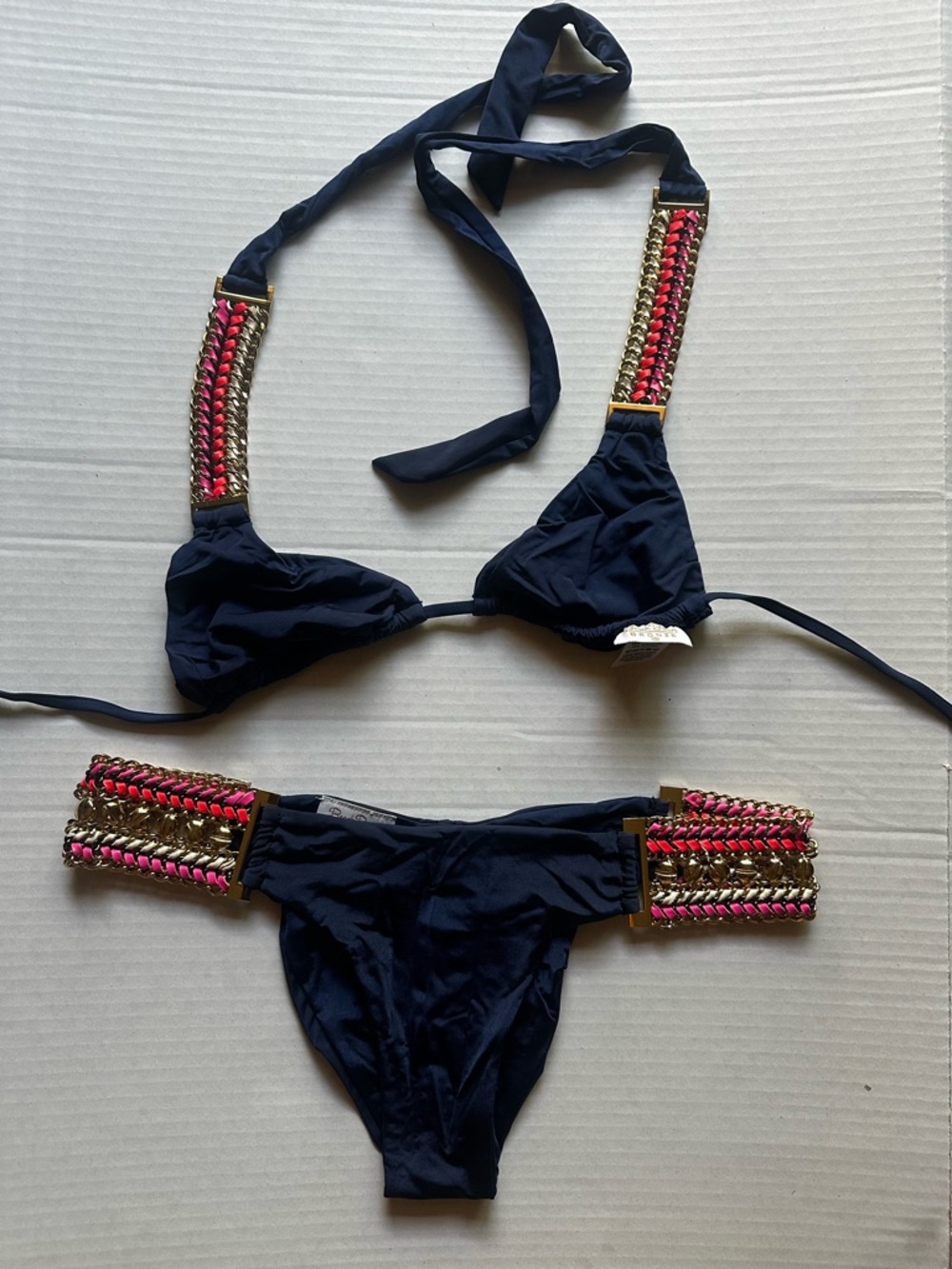 Beach Bunny Navy Bikini with Pink and Gold Chain Trim